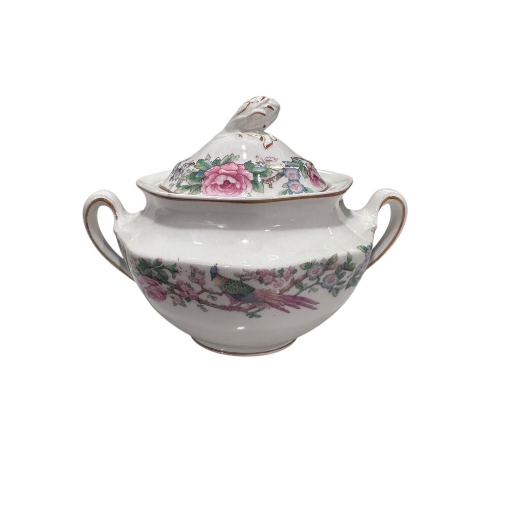 Antique Johnson Brothers Pheasant Pink Camillia Bird Of Paradise Sugar Bowl
